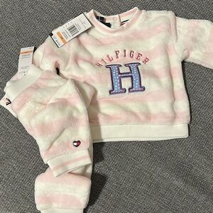 Tommy Hilfiger Pink & White Striped Plush Baby Sweatshirt Set